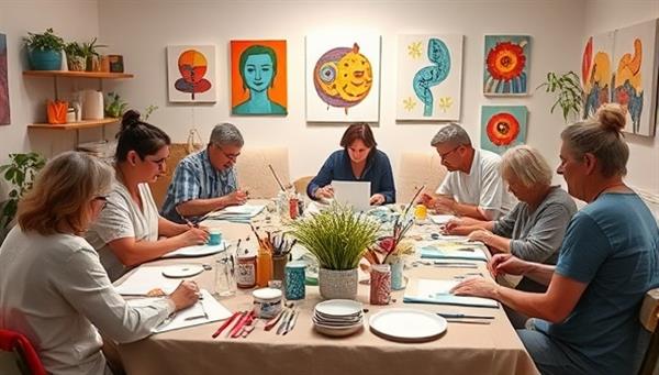 An art therapy workshop in progress, with participants engaged in painting, drawing, and creative activities, surrounded by soothing colors, art supplies, and therapeutic art pieces, creating a calming and healing atmosphere that promotes emotional well-being and self-expression.