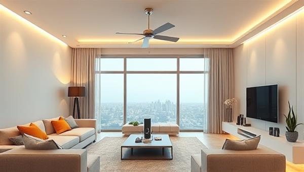 An image of a modern living room with integrated smart home devices such as voice-controlled speakers, automated lighting systems, and climate control panels, creating a futuristic and connected living space envisioned by SmartLiv.