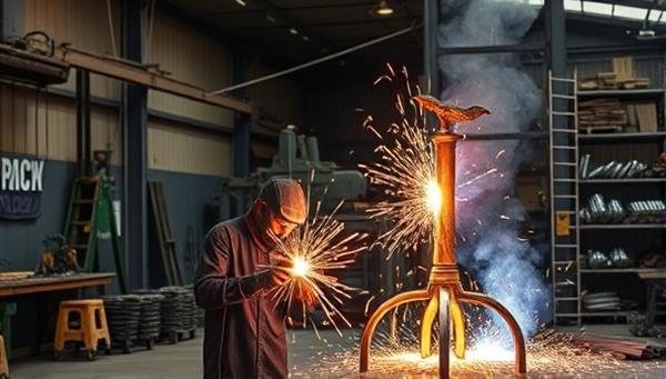 An industrial metal fabrication workshop buzzing with activity, featuring metalworkers welding and shaping intricate metal sculptures, sparks flying in the air, surrounded by industrial machinery and raw metal materials, capturing the dynamic and creative essence of the innovative metal fabrication workshop.