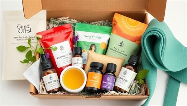 An aesthetically pleasing wellness box filled with vibrant products like herbal teas, essential oils, yoga mats, and healthy snacks, reflecting a holistic approach to well-being and self-care.