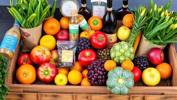 A vibrant and colorful image of a diverse selection of fresh fruits, vegetables, and artisanal products arranged in a rustic wooden crate, symbolizing the abundance and freshness of locally sourced goods.