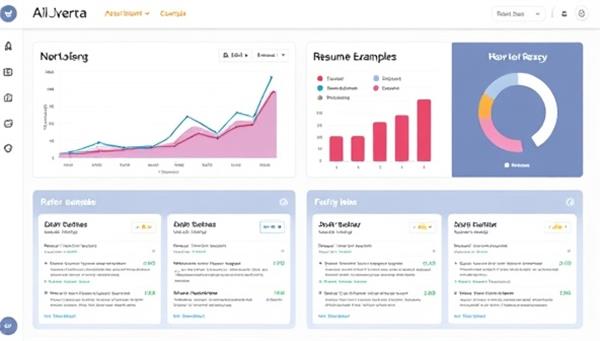 An AI-powered dashboard displaying graphs and statistics on resume optimization success rates, alongside before-and-after resume examples showcasing significant improvements, conveying the effectiveness and impact of the service.