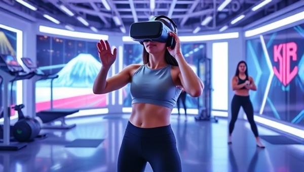 An immersive VR fitness class setting with a virtual instructor guiding participants through a dynamic workout routine, surrounded by futuristic fitness equipment and motivational graphics, illustrating an exciting and futuristic exercise experience.