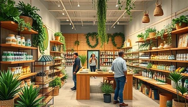 An eco-friendly store interior featuring sustainable product displays, natural materials, and greenery, with customers exploring eco-conscious merchandise and engaging in educational workshops, creating a serene and environmentally conscious shopping environment.