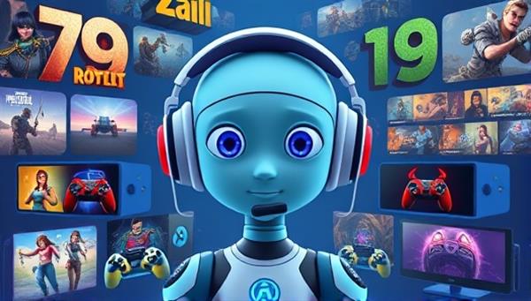 An animated AI character with a gaming headset, surrounded by a variety of game genres and devices, symbolizing personalized game recommendations and the fusion of technology with gaming experiences.