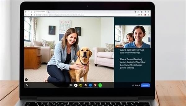 A virtual pet training session displayed on a laptop screen, featuring a professional trainer interacting with a pet through video conferencing, demonstrating positive training techniques and behavior modification exercises in a virtual and engaging setting, reflecting the virtual training services offered by Pawsitive Virtual Training.