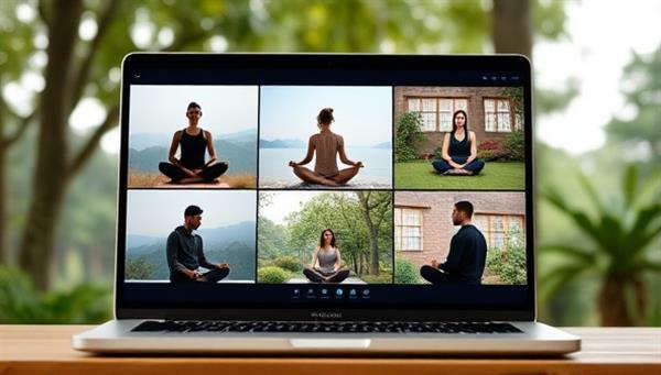 An online platform displaying a virtual mental health retreat session with participants engaging in meditation, yoga poses, and group discussions, set against a serene background of nature scenes and calming music, evoking a sense of relaxation and tranquility.