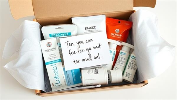 An elegantly designed subscription box filled with medical supplies neatly arranged, accompanied by a handwritten note expressing care and support, evoking a sense of comfort and reliability.