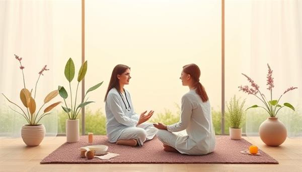 An uplifting and serene virtual therapy scene featuring a therapist conducting a virtual counseling session with a client, surrounded by calming nature elements and mindfulness tools, conveying a sense of peace, support, and emotional healing.
