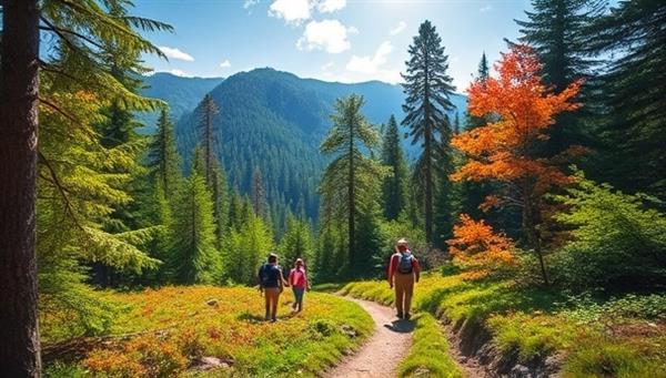 A picturesque image of a lush forest trail with hikers exploring the vibrant scenery, surrounded by towering trees and wildlife, capturing the essence of adventure and discovery with TerraTrails nature exploration subscription.