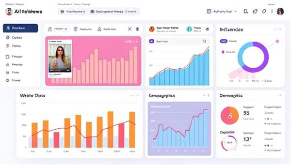 An AI-powered dashboard displaying influencer campaign analytics, engagement metrics, and audience demographics in a visually appealing and informative format, showcasing the platform