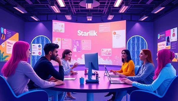An artistic representation of a virtual talent agency setting, showcasing digital avatars of content creators engaging in creative collaborations, brand partnerships, and career development sessions within a vibrant and dynamic online talent community, highlighting the innovative and supportive environment of StarLink Talent Hub.