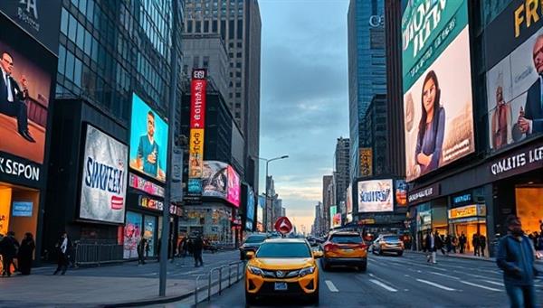 An urban street scene with AR billboards overlaying interactive digital elements like animated characters, product demonstrations, and gamified experiences, illustrating the blend of physical and digital worlds in AR outdoor advertising.