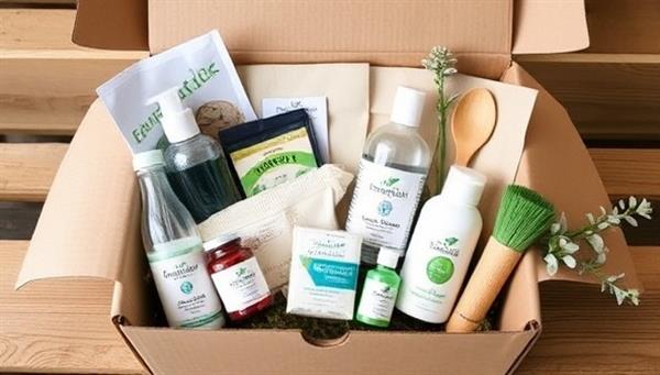An eco-conscious subscription box filled with reusable items, bamboo utensils, organic skincare products, and plant-based cleaning supplies, arranged in a sustainable packaging made from recycled materials, showcasing the diverse and environmentally friendly offerings of EcoEssentials.