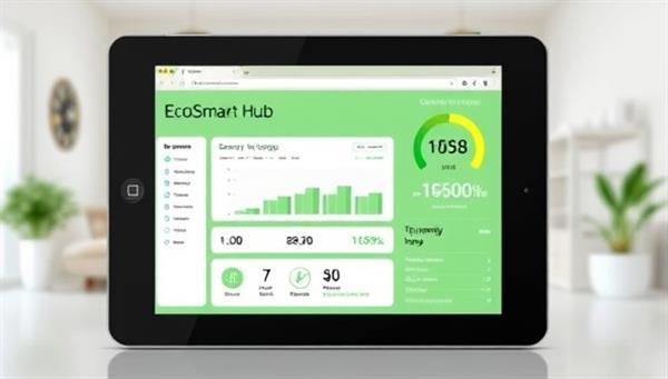 An integrated smart home system displaying the EcoSmart Hub dashboard on a tablet, showing real-time energy usage statistics, smart devices being controlled remotely for energy optimization, and a green energy efficiency rating, promoting a sustainable and tech-savvy lifestyle.