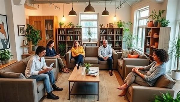 An inviting communal living room setting with diverse residents socializing, working, and relaxing together, creating a vibrant and inclusive atmosphere that captures the essence of community living at CommuneLiving.