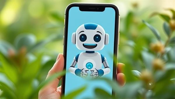 An engaging and friendly chatbot avatar on a smartphone screen, surrounded by calming nature elements, encouraging users to seek mental health support and resources in a comforting digital space.