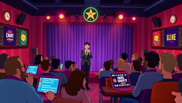 An animated scene of a virtual comedy club with comedians performing on stage, audience members laughing and engaging in interactive comedy games, and a lively atmosphere reminiscent of a traditional comedy club setting but in a digital format.