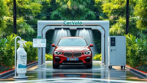 A serene car wash scene featuring eco-friendly cleaning products, water recycling systems, and lush greenery surrounding the washing area, depicting a harmonious blend of nature-friendly practices and automotive care services.