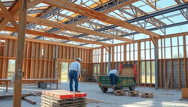 An image of a construction site with workers using reclaimed wood and metal beams, showcasing the eco-friendly aspect of the materials and the construction process.