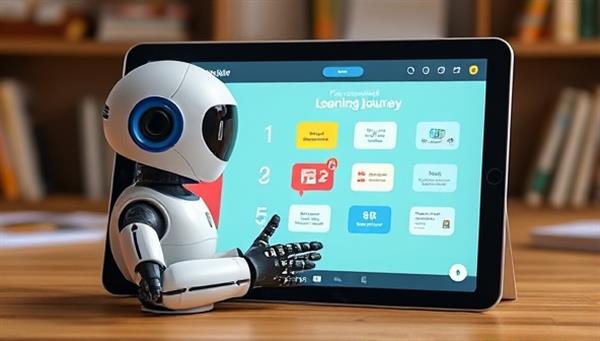 An innovative AI assistant character guiding a user through a personalized learning journey on a tablet screen, with interactive quizzes and engaging educational content in the background, symbolizing adaptive and engaging education technology.