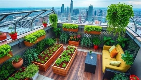 An aerial view of a vibrant rooftop garden oasis with raised plant beds, hanging greenery, and a cozy seating area, overlooking the city skyline, showcasing the beauty and tranquility of urban green spaces.