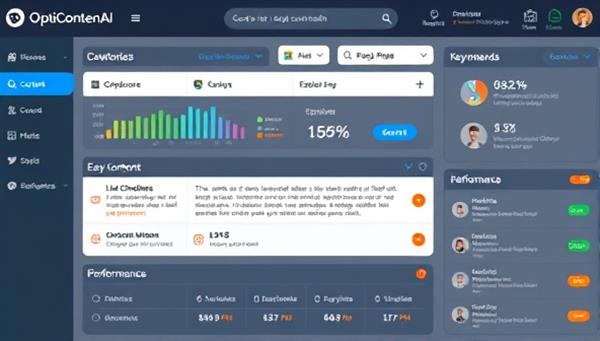 An AI-powered content optimization dashboard displaying various content metrics, keyword suggestions, and performance insights, with a user making adjustments based on the platform