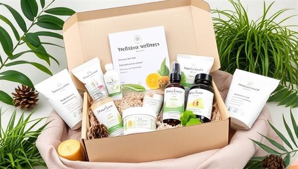 A visually appealing image of a beautifully packaged wellness subscription box filled with a variety of health and self-care products, surrounded by greenery and natural elements, evoking a sense of tranquility and well-being.