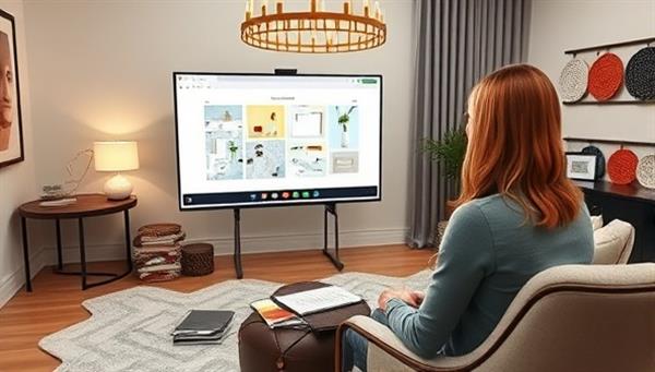 An elegant virtual design studio with a designer showcasing a digital mood board and room layout to a client on a video call, surrounded by fabric swatches and decor samples, illustrating the convenience and creativity of remote interior design consultations with DesignScape Virtual.