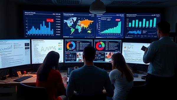 A team of data analysts working on GovInsight Analytics projects, surrounded by screens displaying data visualizations, graphs, and heatmaps, with sticky notes outlining key insights and recommendations, symbolizing data-driven decision-making and innovation in government analytics.