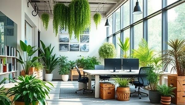 A modern office setting with eco-friendly decor, featuring plants, natural light, and recycled materials, symbolizing the integration of sustainability into business practices.