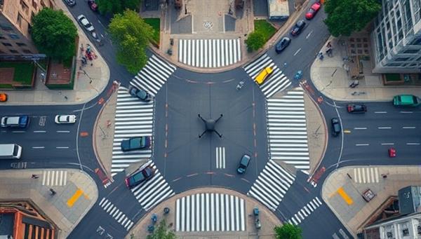 An aerial view of a busy urban intersection captured by a SkyWatch drone, showing traffic patterns, vehicle congestion, and pedestrian movement in real-time, with data overlays indicating traffic flow analysis and optimization suggestions, symbolizing the power of technology in urban traffic management.