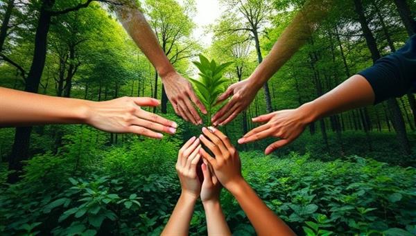 An inspiring image of a lush green forest with a superimposed image of diverse hands planting trees together, symbolizing collaborative efforts for positive environmental impact and sustainable growth.