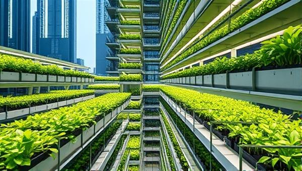 An urban skyscraper with multiple floors dedicated to indoor farming, featuring rows of lush green plants under LED grow lights, highlighting the innovative and sustainable farming practices.