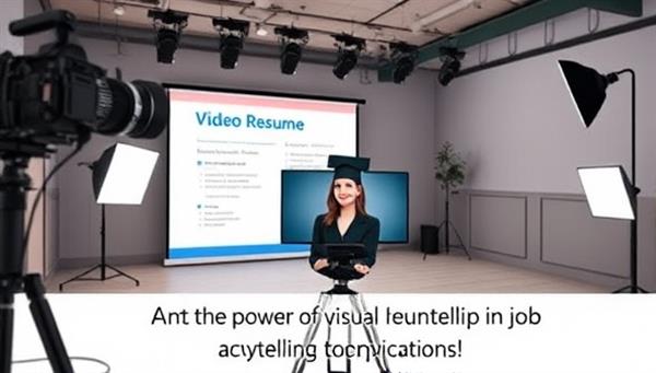 An engaging visual of a professional setting filming a video resume, with lights, cameras, and a confident candidate presenting their skills and experiences, exuding professionalism and modernity, with a tagline emphasizing the power of visual storytelling in job applications.