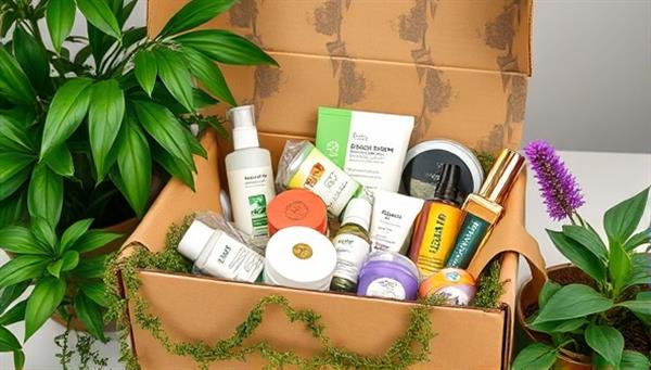 An aesthetically designed eco-friendly beauty box filled with natural skincare, organic makeup, and sustainable beauty tools, surrounded by lush greenery and recycled packaging materials, symbolizing a commitment to environmental consciousness and green beauty practices.
