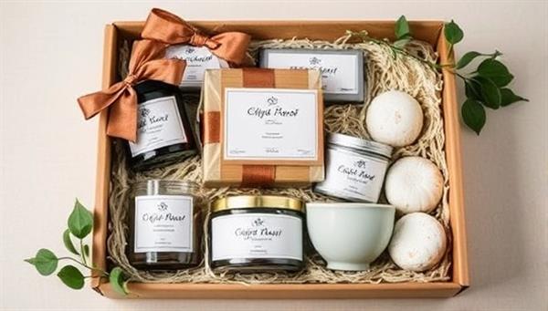 An elegant and aesthetically pleasing gift box arrangement featuring a selection of artisanal products like candles, soaps, and ceramics, adorned with ribbons and greenery, exuding a sense of luxury and thoughtfulness characteristic of CraftCuration