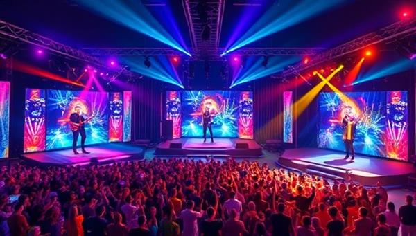 A vibrant virtual music festival setting with multiple stages, colorful lighting, and animated crowds, featuring live performances from various artists, creating an immersive and dynamic music festival experience online.