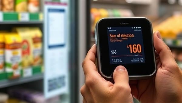 An individual using the AllerTech Scan device to scan a food product label, with a digital display showing allergen detection results and alerts, highlighting the device