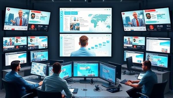 A crisis control center setup with multiple screens monitoring social media platforms, a team of consultants analyzing data and strategizing responses, and a calm, focused atmosphere conveying professionalism and efficiency in crisis management.