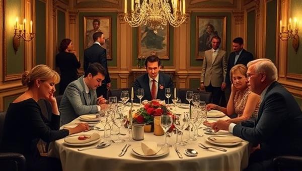 An elegant dining setting with guests dressed in costumes, interacting with actors in character, while enjoying a gourmet meal and following the twists and turns of the mystery plot, creating a sophisticated and immersive dinner theater atmosphere.