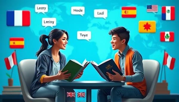 An engaging digital setting showcasing language learners and tutors conversing in various languages, with virtual language textbooks, flags, and cultural symbols surrounding them, creating an immersive and interactive language learning atmosphere on the platform.