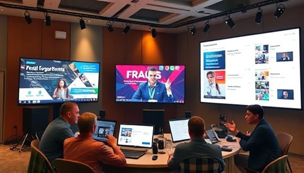 An image of a virtual event setup with a team coordinating a virtual conference, featuring screens displaying different event segments, interactive engagement tools, and a dynamic event agenda, showcasing the seamless execution of a successful online event.