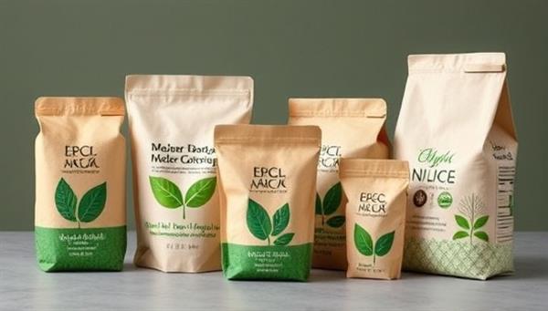 A series of biodegradable packaging products featuring plant-based designs and eco-friendly messaging, symbolizing a commitment to sustainable practices and environmental responsibility.