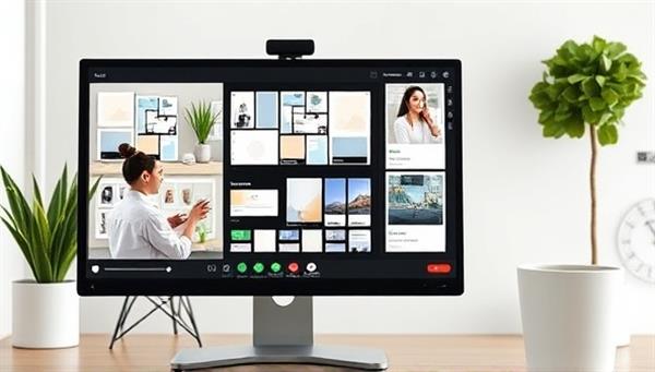 A virtual design consultation session displayed on a computer screen, featuring a designer showcasing various layout options and color schemes to a client via video call, illustrating the convenience of remote design services.