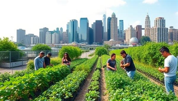 A vibrant cityscape with skyscrapers in the background and a bustling urban farm in the foreground, showcasing lush greenery and community members tending to plants together.