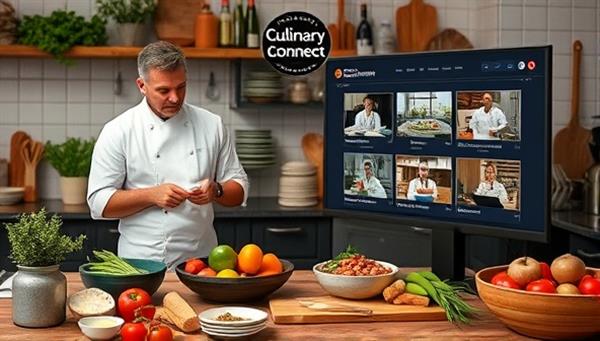 A culinary masterclass setting with a chef demonstrating a cooking technique on a virtual cooking class platform, surrounded by fresh ingredients, kitchen utensils, and a digital screen displaying step-by-step instructions, capturing the immersive and educational experience offered by Culinary Connect
