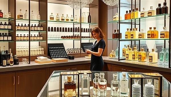 A sophisticated fragrance boutique setting featuring elegant glass bottles, rows of essential oils and fragrance notes, a professional perfumer assisting a client in scent selection, and a beautiful display of custom-made perfumes, projecting an aura of luxury, creativity, and personalized service.