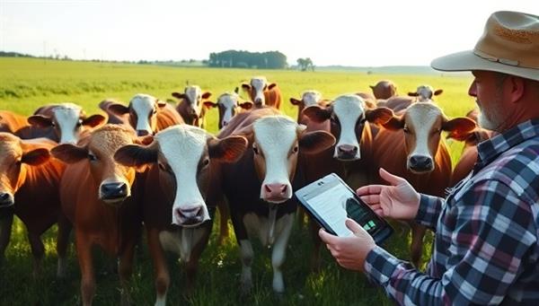 An image of a herd of healthy livestock in a lush pasture, with AI sensors attached to the animals for health monitoring, and a farmer viewing real-time data on a tablet, illustrating the benefits of AI-powered livestock health monitoring for sustainable farming practices.