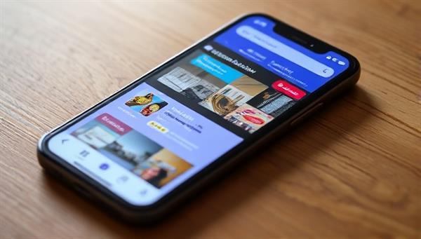 An image of a smartphone displaying the interactive Neighborhood Connect App with vibrant business listings and reviews.